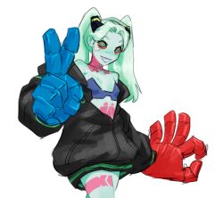 Rule 34 | 1girl, absurdres, artificial eye, bad hands, black jacket, breasts, colored sclera, cyberpunk (series), cyberpunk edgerunners, extra digits, green eyes, green hair, gurumo (twitter), highres, jacket, leg tattoo, looking at viewer, mechanical eye, mechanical hands, neck tattoo, ok sign, pale skin, partially unzipped, petite, rebecca (cyberpunk), red eyes, red sclera, samurai jacket (cyberpunk), simple background, small breasts, smile, solo, stomach tattoo, tattoo, twintails, v, white background