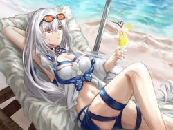 Rule 34 | 1girl, arknights, arm on own head, blue shorts, breasts, cleavage, closed mouth, cup, eyewear on head, glasses, highres, holding, holding cup, knee up, long hair, looking up, lying, medium breasts, navel, official alternate costume, on back, red eyes, shirt, shorts, siki10ga, silver hair, skadi (arknights), skadi (waverider) (arknights), solo, swimsuit, white shirt