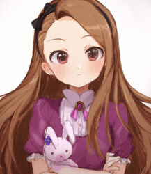 Rule 34 | 1girl, black hairband, blush, breasts, brown hair, closed mouth, crossed arms, dot nose, frilled shirt, frills, hairband, hands up, holding, holding stuffed toy, idolmaster, idolmaster (classic), idolmaster million live!, idolmaster million live! theater days, kuromitsu maria, long hair, looking at viewer, minase iori, purple shirt, red eyes, shirt, short sleeves, simple background, small breasts, solo, stuffed animal, stuffed rabbit, stuffed toy, upper body, usa-chan (idolmaster), white background