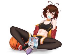 Rule 34 | 1girl, ball, basketball, basketball (object), brown eyes, brown hair, chewing gum, choker, cover, emiko (soveno), highres, jacket, magazine cover, midriff, navel, original, shoes, short hair, shorts, sitting, sneakers, solo, soveno, sports bra, sportswear, thighhighs, white background