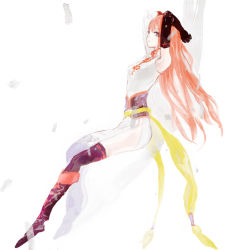 Rule 34 | 1girl, :&lt;, anatidae, arms behind head, arms up, breasts, brown eyes, china dress, chinese clothes, dress, elbow gloves, full body, gintama, gloves, kagura (gintama), long hair, looking at viewer, obi, orange hair, patterned legwear, profile, sash, single sleeve, sketch, small breasts, solo, thighhighs