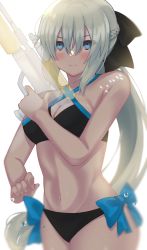 Rule 34 | 1girl, akio (akio1124), backlighting, bare shoulders, bikini, black bikini, black bow, blue bow, blue eyes, blush, bow, braid, breasts, cleavage, collarbone, fate/grand order, fate (series), french braid, grey hair, hair bow, highres, large breasts, long hair, looking at viewer, morgan le fay (fate), navel, ponytail, sidelocks, smile, solo, swimsuit, very long hair, water drop, water gun
