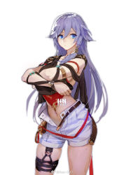 Rule 34 | 1girl, arm ribbon, armlet, belt, blue eyes, breasts, clothes lift, contrapposto, cowboy shot, crossed arms, fu hua, fu hua (night squire), fu hua (rustic noir), hair between eyes, hair flaps, hair ornament, han-0v0, honkai (series), honkai impact 3rd, lifting own clothes, long hair, looking at viewer, medium breasts, midriff, navel, no panties, open belt, open fly, open pants, pants, ribbon, shirt lift, shorts, sideboob, silver hair, simple background, single sidelock, skindentation, solo, sweat, thigh strap, unbuttoned, unzipped, weibo watermark, white background