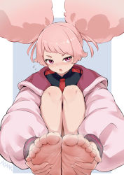Rule 34 | 1girl, absurdres, afro puffs, aomoro, barefoot, blue background, chuatury panlunch, feet, foot focus, foreshortening, gundam, gundam suisei no majo, highres, light blush, long hair, looking at viewer, open mouth, pink eyes, pink hair, soles, steam, toes
