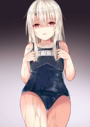 Rule 34 | 1girl, absurdres, bad id, bad pixiv id, bare arms, bare shoulders, black background, blue one-piece swimsuit, blush, character name, collarbone, competition school swimsuit, cowboy shot, embarrassed, fate/kaleid liner prisma illya, fate (series), from below, gradient background, grey background, grey hair, hair between eyes, highres, holding, illyasviel von einzbern, long hair, looking at viewer, looking down, name tag, one-piece swimsuit, parted lips, purple background, red eyes, school swimsuit, shaded face, sidelocks, skindentation, solo, star (symbol), swimsuit, thigh gap, thighs, transparent, water, wet, wet clothes, wet swimsuit, yuzuzukushi
