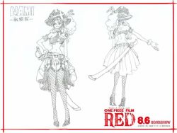 Rule 34 | 1girl, breasts, character name, character sheet, concept art, copyright name, curvy, fishnet thighhighs, fishnets, gloves, happy, hat, large breasts, long hair, midriff, monochrome, nami (one piece), navel, oda eiichirou, official art, one piece, one piece film: red, pirate hat, simple background, sketch, smile, solo, source request, standing, sword, tattoo, thighhighs, thighs, wavy hair, weapon, white background, wide hips
