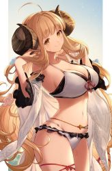 Rule 34 | 1girl, ahoge, anila (granblue fantasy), anila (summer) (granblue fantasy), bikini, blonde hair, breasts, cleavage, collarbone, commentary request, draph, feb itk, frills, from side, granblue fantasy, highres, holding, holding own hair, horns, large breasts, layered bikini, long hair, looking at viewer, navel, shawl, sheep horns, short eyebrows, sideboob, sky, smile, solo, star (sky), starry sky, swimsuit, thigh strap, thighs, very long hair, wavy hair, wet, yellow eyes