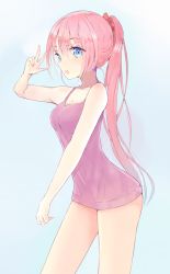 Rule 34 | 1girl, :o, arm up, blue background, blue eyes, blush, breasts, camisole, cleavage, collarbone, cowboy shot, gradient background, hair between eyes, hair ribbon, highres, hyakunin momoko, large breasts, long hair, looking at viewer, open mouth, original, pink hair, ponytail, red ribbon, ribbon, solo, spaghetti strap, thighs, v, very long hair