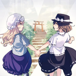 Rule 34 | 2girls, :d, arch, black footwear, black hat, black skirt, blonde hair, blue shirt, bow, brown eyes, brown hair, bubble skirt, building, bush, eye contact, fedora, frilled hat, frilled sleeves, frills, from behind, grin, hat, hat bow, holding hands, kneehighs, loafers, long hair, looking at another, maribel hearn, mob cap, multiple girls, nakatani, neo-traditionalism of japan, open mouth, outdoors, plant, profile, puffy short sleeves, puffy sleeves, purple skirt, ribbon-trimmed clothes, ribbon-trimmed sleeves, ribbon trim, shirt, shoes, short hair, short sleeves, shrine, skirt, smile, socks, stairs, standing, teeth, torii, touhou, usami renko, white bow, white hat, white legwear, white shirt