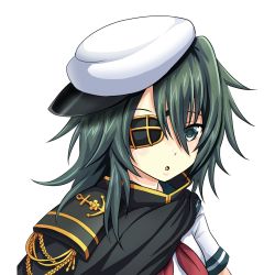 Rule 34 | 1girl, beret, cape, eyepatch, green hair, grey eyes, hat, highres, kantai collection, kiso (kancolle), kiso kai ni (kancolle), long hair, looking at viewer, parted lips, school uniform, serafuku, simple background, solo, tk8d32, white background