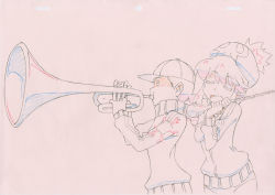 Rule 34 | 10s, 2girls, baseball cap, conductor baton, beanie, commentary, happy, hat, highres, hug, instrument, jacket, jakuzure nonon, key frame, kill la kill, multiple girls, official art, open mouth, partially colored, patch, production art, production note, promotional art, red background, short hair, sidelocks, signature, sketch, skull, smile, star (symbol), track jacket, track suit, trigger (company), trumpet, uniform