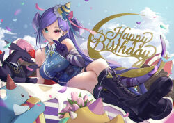 Rule 34 | 1girl, asymmetrical arms, bandaged arm, bandages, bare shoulders, belt, birthday, birthday cake, blue dress, blue eyes, boots, breasts, buttons, cake, collared dress, cross-laced footwear, crossed legs, double-breasted, dragon, dragon girl, dragon tail, dragoon (selen tatsuki), dress, ember (selen tatsuki), food, foreshortening, fork, gradient dress, hair ornament, hairclip, happy birthday, hat, head wings, heterochromia, highres, knee boots, large breasts, leah (134aah), light blush, long hair, looking at viewer, military, military uniform, nijisanji, nijisanji en, official alternate costume, official alternate hairstyle, party hat, petals, pointy ears, ponytail, pouch, purple belt, purple eyes, purple hair, purple wings, selen tatsuki, selen tatsuki (2nd costume), sideboob, sitting, sky, sleeveless, swept bangs, tail, taut clothes, taut dress, uniform, utensil in mouth, very long hair, virtual youtuber, wings