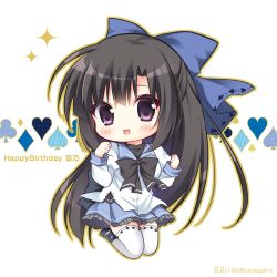 Rule 34 | 1girl, :d, black bow, black footwear, black hair, blue bow, blue sailor collar, blue skirt, blush, bow, brown outline, character name, chibi, club (shape), commentary request, diamond (shape), frilled skirt, frills, full body, gaku ou, hair bow, hands up, happy birthday, heart, long hair, long sleeves, looking at viewer, open mouth, outline, pleated skirt, purple eyes, ryuuka sane, sailor collar, school uniform, serafuku, shirt, shoes, skirt, smile, solo, sorano (gaku ou), spade (shape), sparkle, thighhighs, twitter username, very long hair, white background, white shirt, white thighhighs