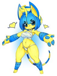 Rule 34 | 1girl, absurdres, animal crossing, animal ears, animal hands, ankha (animal crossing), arm warmers, armpits, arms up, bare shoulders, blue hair, blush, breasts, cat ears, cat tail, choker, claws, eyes visible through hair, feet, female focus, full body, furry, furry female, hair ornament, heart, highres, leg warmers, legs apart, looking at viewer, medium breasts, navel, nintendo, outstretched arms, panties, sarashi, shiny skin, short hair, simple background, slugbox, smile, snake hair ornament, solo, standing, tail, teeth, underwear, white background, white panties