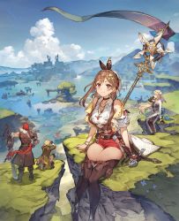 atelier_(series) atelier_ryza atelier_ryza_3 banner belt blonde_hair blue_sky braid breast_pocket breasts brown_belt brown_eyes brown_gloves brown_hair cliff cloud dress gloves green_eyes highres jacket jewelry klaudia_valentz large_breasts leather leather_gloves long_dress mountainous_horizon necklace non-web_source pocket red_shorts reisalin_stout short_shorts shorts sky sleeveless sleeveless_jacket staff thick_thighs thighs toridamono white_headwear yellow_jacket