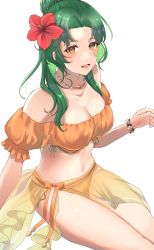 Rule 34 | 1girl, bare shoulders, bikini, breasts, brown eyes, cleavage, elincia ridell crimea, fire emblem, fire emblem: path of radiance, fire emblem heroes, flower, green hair, hair ornament, highres, jewelry, long hair, looking at viewer, medium breasts, nintendo, off-shoulder bikini, off shoulder, open mouth, orange bikini, sitting, smile, solo, swimsuit, tyotto ko i