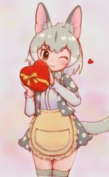 Rule 34 | 1girl, animal ears, apron, black eyes, bow, bowtie, extra ears, grey hair, heart, highres, kemono friends, looking at viewer, one eye closed, shirt, short hair, simple background, skirt, solo, tail, thighhighs, thylacine (kemono friends), tiger ears, tiger girl, tiger tail, zzz ansh