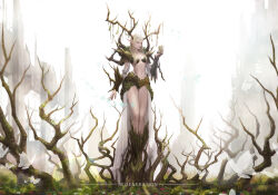Rule 34 | 1girl, antlers, bare tree, bird, blonde hair, blue eyes, breasts, bug, butterfly, cleavage, closed mouth, commentary, creature, day, ddcc0123, english commentary, english text, grass, hand up, headpiece, highres, holding, horns, insect, lips, long hair, long skirt, looking at another, navel, original, outdoors, pointy ears, red lips, showgirl skirt, sidelocks, skirt, small breasts, solo, tree, white skirt