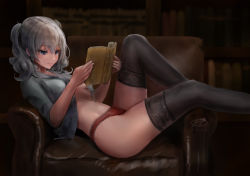 Rule 34 | 1girl, armchair, black thighhighs, blue eyes, book, breasts, chair, haruto (harut n), holding, holding book, kantai collection, kashima (kancolle), medium breasts, no bra, panties, reading, red panties, silver hair, solo, thighhighs, twintails, underwear, wavy hair