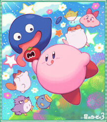 Rule 34 | animal ears, blue skin, blue sky, cat ears, chuchu (kirby), colored skin, coo (kirby), fish, flower, gooey (kirby), highres, kine (kirby), kirby, kirby&#039;s dream land 3, kirby (series), maxim tomato, nago, nintendo, no humans, pink skin, pitch (kirby), rick (kirby), show chiku-by, sky, solid oval eyes, star (symbol), tongue, tongue out, wings