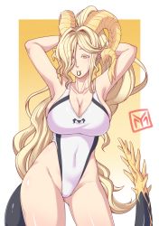 Rule 34 | 1girl, absurdres, armpits, arms behind head, arms up, black one-piece swimsuit, blonde hair, breasts, cleavage, collarbone, colored eyelashes, competition swimsuit, covered navel, dragon horns, dragon tail, elder dragon, high ponytail, highleg, highleg swimsuit, highres, horns, kulve taroth, large breasts, long hair, looking at viewer, monster hunter, monster hunter: world, monster hunter (series), one-piece swimsuit, personification, pointy ears, ponytail, seductive smile, signature, skindentation, smile, solo, swimsuit, tail, two-tone swimsuit, very long hair, wavy hair, white one-piece swimsuit, yamanata, yellow eyes