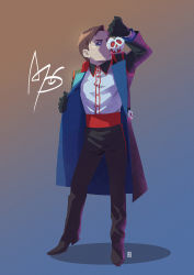 Rule 34 | 1boy, a-ka, apple, apple poison, black gloves, brown hair, coat, disney, disneyland, food, fruit, full body, gloves, long coat, looking at viewer, male focus, open clothes, open coat, overcoat, puckered lips, recruiters (disney), signature, solo focus