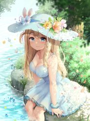 Rule 34 | 1girl, bad id, bad pixiv id, bare shoulders, blonde hair, blue eyes, blush, breasts, cleavage, day, dress, flower, girls&#039; frontline, hat, hat flower, highres, large breasts, long hair, looking at viewer, outdoors, river, runamochi, sitting, smile, soaking feet, solo, suomi (girls&#039; frontline), water, white dress