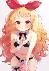 Rule 34 | 1girl, alternate costume, azur lane, backlighting, bare shoulders, bikini, black bikini, black bow, blonde hair, blush, bow, bow bikini, breasts, bridal garter, closed mouth, collar, collarbone, colored eyelashes, commentary request, commission, detached collar, ebihara beniko, embarrassed, frilled bikini, frills, gradient background, grey background, hair ribbon, hand on own thigh, highres, jenkins (azur lane), legs together, long hair, looking at viewer, maid, maid bikini, navel, red eyes, red ribbon, ribbon, simple background, skeb commission, small breasts, solo, swept bangs, swimsuit, thighs, unconventional maid, very long hair, wavy mouth, white background, white collar, wing collar, wrist cuffs
