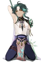 Rule 34 | 1boy, ahoge, aqua hair, arm behind head, arm up, armor, asymmetrical clothes, bead necklace, beads, closed mouth, facial mark, forehead mark, genshin impact, green hair, gyoju (only arme nim), highres, holding, holding weapon, jewelry, kneeling, male focus, multicolored hair, necklace, polearm, shoulder armor, simple background, solo, spikes, sweat, tassel, weapon, white background, xiao (genshin impact), yellow eyes