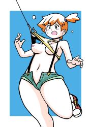 Rule 34 | 1girl, absurdres, back, bare arms, bare shoulders, blush, breasts, creatures (company), denim, denim shorts, female focus, game freak, gym leader, hair tie, highres, koutarosu, large breasts, legs, misty (pokemon), nintendo, nipples, open mouth, orange hair, pokemon, pokemon (anime), pokemon (classic anime), ponytail, shirt, short, shorts, side ponytail, simple background, sleeveless, solo, suspenders, sweat, sweatdrop, tank top, thick thighs, thighs, white background, wide hips, yellow shirt