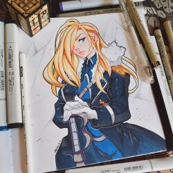 Rule 34 | 1girl, art tools in frame, blonde hair, blue coat, blue eyes, closed mouth, coat, commentary, crafting table (minecraft), crevettavt, eyelashes, fullmetal alchemist, fur-trimmed coat, fur trim, hair over one eye, highres, long hair, military uniform, olivier mira armstrong, photo (medium), pink lips, solo, standing, sword, traditional media, uniform, weapon, white background