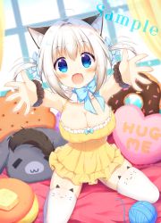 Rule 34 | 1girl, :d, animal ear legwear, animal ears, aoi yun, bare shoulders, black scrunchie, blue bow, blue eyes, blue sky, blush, bow, breasts, cat ear legwear, cat ears, cleavage, curtains, day, dress, dutch angle, fang, hair bow, heart, heart-shaped pillow, indoors, kneeling, large breasts, open mouth, original, outstretched arms, pillow, sample watermark, scrunchie, sidelocks, silver hair, sky, sleeveless, sleeveless dress, smile, solo, striped, striped bow, thighhighs, two side up, watermark, white thighhighs, window, wrist scrunchie, yarn, yarn ball, yellow dress