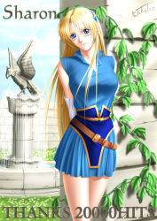 Rule 34 | 1girl, arms behind back, artist name, belt, blonde hair, blue eyes, blush, character name, crescent, crescent hair ornament, elbow gloves, fountain, glint, gloves, hair ornament, long hair, looking at viewer, milestone celebration, sharon, smile, solo, standing, takatan, very long hair, white gloves, words worth