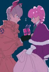 Rule 34 | 1boy, 1girl, ace attorney, antlers, blonde hair, blue eyes, box, capelet, christmas, closed mouth, dress, du u5p, fake antlers, fingerless gloves, fur trim, gift, gift box, gloves, herlock sholmes, highres, holding, holding sack, horns, iris wilson, long hair, long sleeves, open mouth, pink hair, reindeer antlers, ribbon, sack, short hair, smile, the great ace attorney