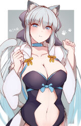 Rule 34 | 1girl, absurdres, animal ear fluff, animal ears, black bow, black dress, blue choker, blue eyes, blush, border, bow, breasts, cat day, cat ears, cat tail, choker, cleavage, closed mouth, clothing cutout, collarbone, commentary request, dress, fate/grand order, fate (series), grey background, grey hair, hair between eyes, hair bow, highres, kemonomimi mode, large breasts, long hair, looking at viewer, masini-mashini615, morgan le fay (fate), navel, outside border, paw print, sidelocks, simple background, solo, stomach, stomach cutout, tail, two-tone dress, very long hair, white border, white dress, wide sleeves