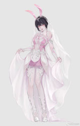 Rule 34 | 1girl, absurdres, alternate hairstyle, animal ears, black hair, douluo dalu, dress, expressionless, grey background, greyscale, hair ornament, high heels, highres, holding, holding clothes, holding skirt, looking at viewer, monochrome, pink dress, rabbit ears, shi si jia a, short hair, simple background, skirt, solo, thighhighs, veil, xiao wu (douluo dalu)