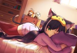 Rule 34 | 1girl, :t, animal ear fluff, animal ears, bed, bedroom, black hair, blush, bookshelf, breasts, cat ears, cat girl, cat tail, character doll, chest of drawers, closed mouth, commentary, cup, curtains, day, dress, dutch angle, english commentary, feet out of frame, green eyes, highres, indoors, karyl (princess connect!), klaius, kokkoro (princess connect!), long hair, long sleeves, looking at viewer, lying, mask, mask on head, medium breasts, multicolored hair, hugging object, on bed, on stomach, one eye closed, pecorine (princess connect!), pillow, pillow hug, ponytail, pout, princess connect!, red thighhighs, short dress, silver hair, sleep mask, solo, streaked hair, sunlight, tail, thighhighs, thighs, two-tone hair, white dress, window, zettai ryouiki