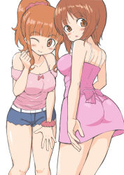 Rule 34 | 2girls, absurdres, ass, bare shoulders, blunt bangs, blush, bow, brown eyes, brown hair, crotch seam, dress, girls und panzer, hand on thigh, hand up, highres, long hair, looking at viewer, multiple girls, nishizumi miho, one eye closed, open mouth, pink dress, pink ribbon, pink scrunchie, ponytail, ribbon, scrunchie, short hair, short shorts, shorts, simple background, smile, sweatdrop, takebe saori, thighs, white background, yabai gorilla