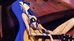 Rule 34 | 1970s (style), 1girl, android, artist request, blue hair, character request, commentary, cyborg, damaged, debris, dirty, english commentary, ginga tetsudou 999, guitar, instrument, key visual, long hair, machinery, matsumoto leiji (style), official art, oldschool, promotional art, retro artstyle, rust, scan, science fiction, sitting, sleeping, traditional media, very long hair