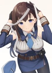 Rule 34 | 1girl, bandages, belt pouch, between breasts, black gloves, blue hat, blue necktie, blue ribbon, blue sleeves, breasts, brown hair, clothes writing, collared shirt, detached sleeves, garrison cap, gloves, goddess of victory: nikke, hair ribbon, hat, herfstijl, highres, large breasts, light blush, long hair, looking at viewer, marian (nikke), necktie, pouch, purple eyes, ribbon, shirt, short necktie, simple background, smile, solo, strap, strap between breasts