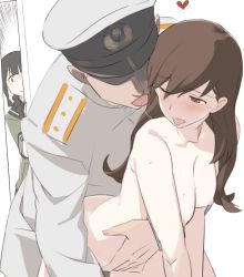 Rule 34 | 10s, 1boy, 1girl, 2girls, admiral (kancolle), bent over, blush, breasts, brown eyes, brown hair, clothed male nude female, clothed sex, collarbone, commentary request, couple, doggystyle, door, hat, heart, hetero, kadokawa shoten, kantai collection, kitakami (kancolle), long hair, multiple girls, ningen (ningen96), nipples, nude, one eye closed, ooi (kancolle), peeking, peeking out, petite, revision, saliva, saliva trail, sex, sex from behind, shaded face, simple background, sweat, tongue, tongue out, voyeurism, white background, wince