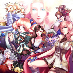 Rule 34 | 00s, 10s, 1990s (style), 6+girls, aerith gainsborough, bare shoulders, bell, blonde hair, blue eyes, bow, braid, breasts, brown eyes, brown hair, chona, cloud of darkness, cosmos (dff), dissidia 012 final fantasy, dissidia final fantasy, dress, earrings, elf, elvaan, facial mark, final fantasy, final fantasy iii, final fantasy vi, final fantasy vii, final fantasy viii, final fantasy x, final fantasy xi, final fantasy xiii, final fantasy xiv, gloves, green eyes, hair bow, hair ornament, headdress, heterochromia, jewelry, jingle bell, lightning farron, lips, long hair, multiple girls, pink hair, pointy ears, prishe, purple hair, red eyes, shantotto, shirt, short hair, snake, staff, suspenders, tarutaru, taut clothes, taut shirt, thigh strap, tifa lockhart, tina branford, ultimecia, unaligned breasts, wavy hair, yellow eyes, yuna, yuna (ff10)