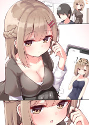 Rule 34 | 1boy, 1girl, black hair, black shirt, blonde hair, blouse, blush, braid, breasts, brown eyes, cellphone, childhood friend (ominaeshi), cleavage, commentary request, crown braid, faceless, faceless male, hair ornament, hairpin, highres, large breasts, leaning on person, long sleeves, ominaeshi (takenoko), original, phone, fake phone screenshot, school swimsuit, shirt, smartphone, surprised, swimsuit, tagme, v-neck