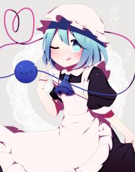 Rule 34 | 1girl, ;q, alternate costume, apron, ascot, bad id, bad twitter id, blue ascot, closed mouth, green eyes, green hair, grey background, hat, heart, heart of string, highres, komeiji koishi, looking at viewer, maid, mob cap, one eye closed, puffy short sleeves, puffy sleeves, short sleeves, smile, solo, standing, third eye, tongue, tongue out, touhou, white apron, white hat, you (noanoamoemoe)