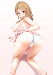 Rule 34 | 1girl, all fours, ass, breasts, brown eyes, brown hair, clothes lift, clothes pull, dress, dress lift, dress pull, female focus, gradient background, highres, hissatsukun, large breasts, long hair, looking back, nipples, original, panties, solo, underwear