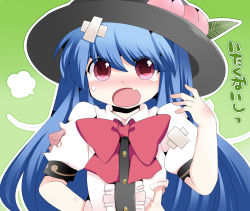 Rule 34 | 1girl, bad id, bad pixiv id, bandages, bandaid, blue hair, blush, bow, commentary request, fang, food, fruit, hammer (sunset beach), hand on own hip, hat, hinanawi tenshi, long hair, looking at viewer, open mouth, peach, pink eyes, puffy sleeves, short sleeves, solo, tears, torn clothes, touhou, translated, very long hair