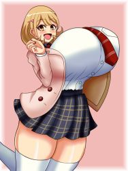 Rule 34 | 10s, 1girl, bouncing breasts, breasts, brown eyes, brown hair, chun, female focus, gigantic breasts, happy, jumping, matching hair/eyes, narusawa ryouka, necktie, occultic;nine, skirt, solo