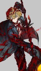Rule 34 | 1boy, anzekeye, black gloves, black pants, blonde hair, blood, blood on clothes, collared shirt, commission, e.g.o (project moon), gloves, grey background, grin, highres, holding, holding weapon, limbus company, male focus, necktie, pants, project moon, red necktie, shirt, simple background, sinclair (project moon), smile, solo, veins, weapon, white shirt, yellow eyes