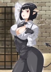Rule 34 | 1girl, absurdres, arm behind head, arm up, black gloves, black hair, black necktie, black pants, blunt bangs, breasts, brick wall, cleavage, closed mouth, collared shirt, commentary request, cowboy shot, demon girl, demon horns, demon tail, gloves, highres, hime-sama &quot;goumon&quot; no jikan desu, horns, large breasts, long sleeves, looking at viewer, mbr90munouk, necktie, pants, pointy ears, red eyes, red lips, shirt, short hair, solo, standing, stone wall, tail, thick thighs, thighs, torture tortura, vest, wall, white shirt