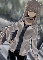 Rule 34 | 1girl, black choker, black pants, blouse, blue shirt, brown eyes, brown hair, choker, collarbone, commentary request, day, hair between eyes, highres, hinomaru (futagun), jacket, long hair, long sleeves, looking at viewer, open clothes, open jacket, original, outdoors, pants, parted lips, railing, shirt, sleeves past wrists, smile, solo, standing, very long hair, white jacket